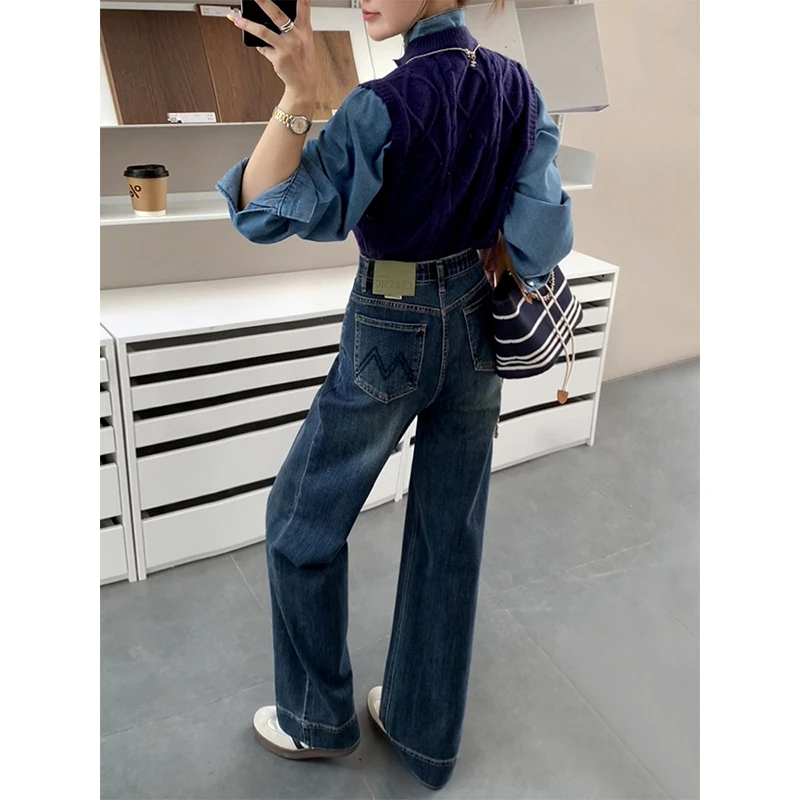 美思源复古直筒加绒牛仔裤女2025秋冬新款刺绣高腰显瘦窄版阔腿裤