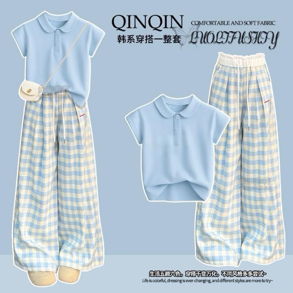 MUMUWU女童阔腿裤套装夏季新款大童格子裤Polo短袖青少年两件套