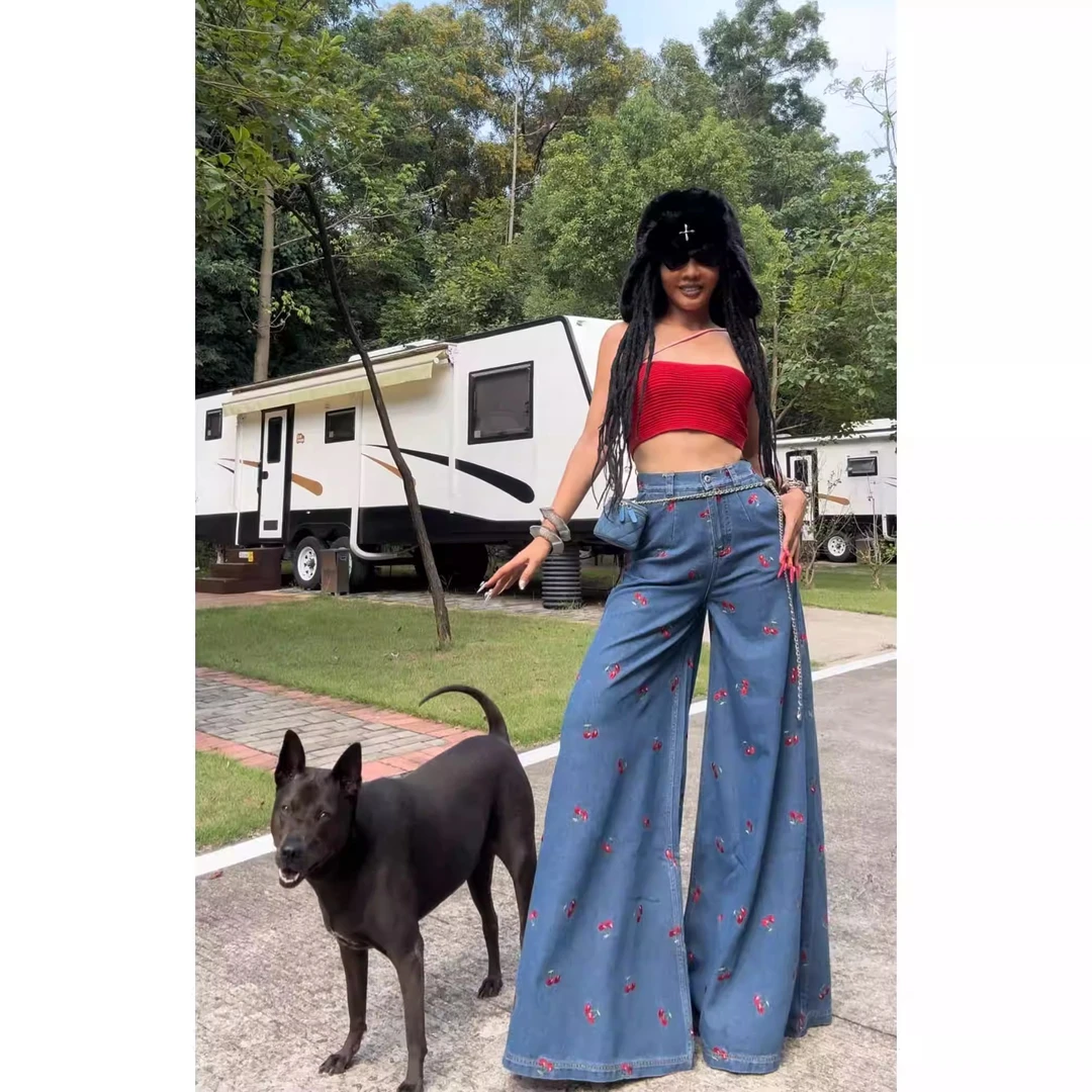 【蓝色樱桃刺绣阔腿裤】AOAOMISSSHOP 牛仔阔腿裤拖地长裤37-1-2