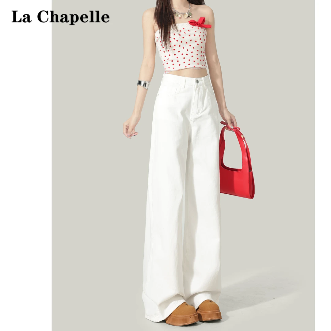 拉夏贝尔白色高腰牛仔裤女2025秋冬新款宽松垂感显瘦加绒阔腿裤子