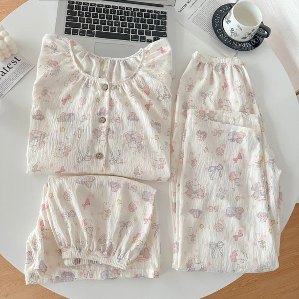 夏季短袖三件套睡衣家居服套装日系少女透气薄款