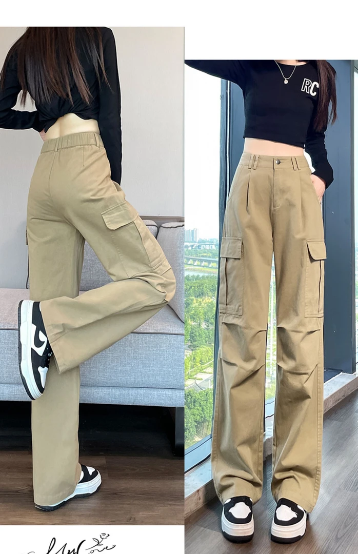 夏季2025新款裤子美式直筒工装裤高腰宽松休闲小个子窄版阔腿裤