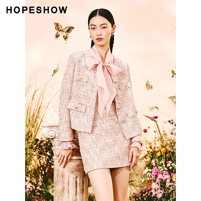 红袖春季2024新款女装 截短式单排扣圆领粗花呢短外套89124010401