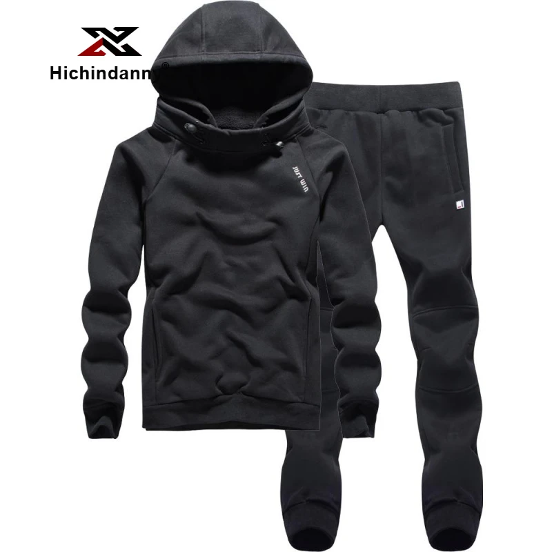 HICHIN休闲运动套装男秋冬季新款加绒加厚连帽套头卫衣保暖两件套