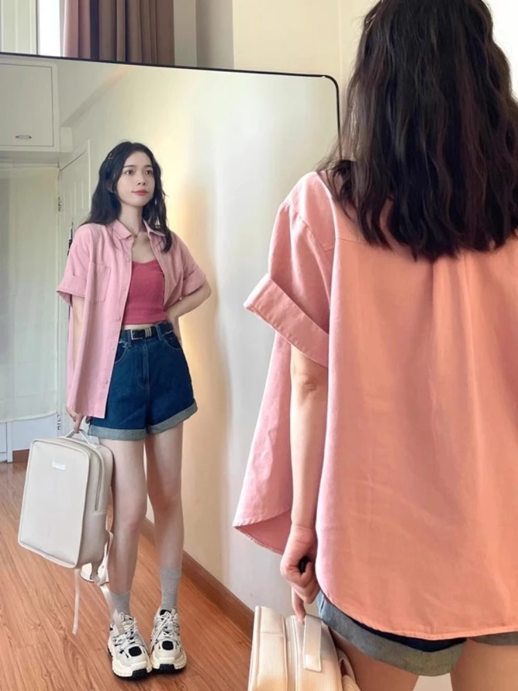 韩系夏季显瘦薄款甜美嫩粉色纯棉衬衫短袖女宽松衬衣外穿开衫ins