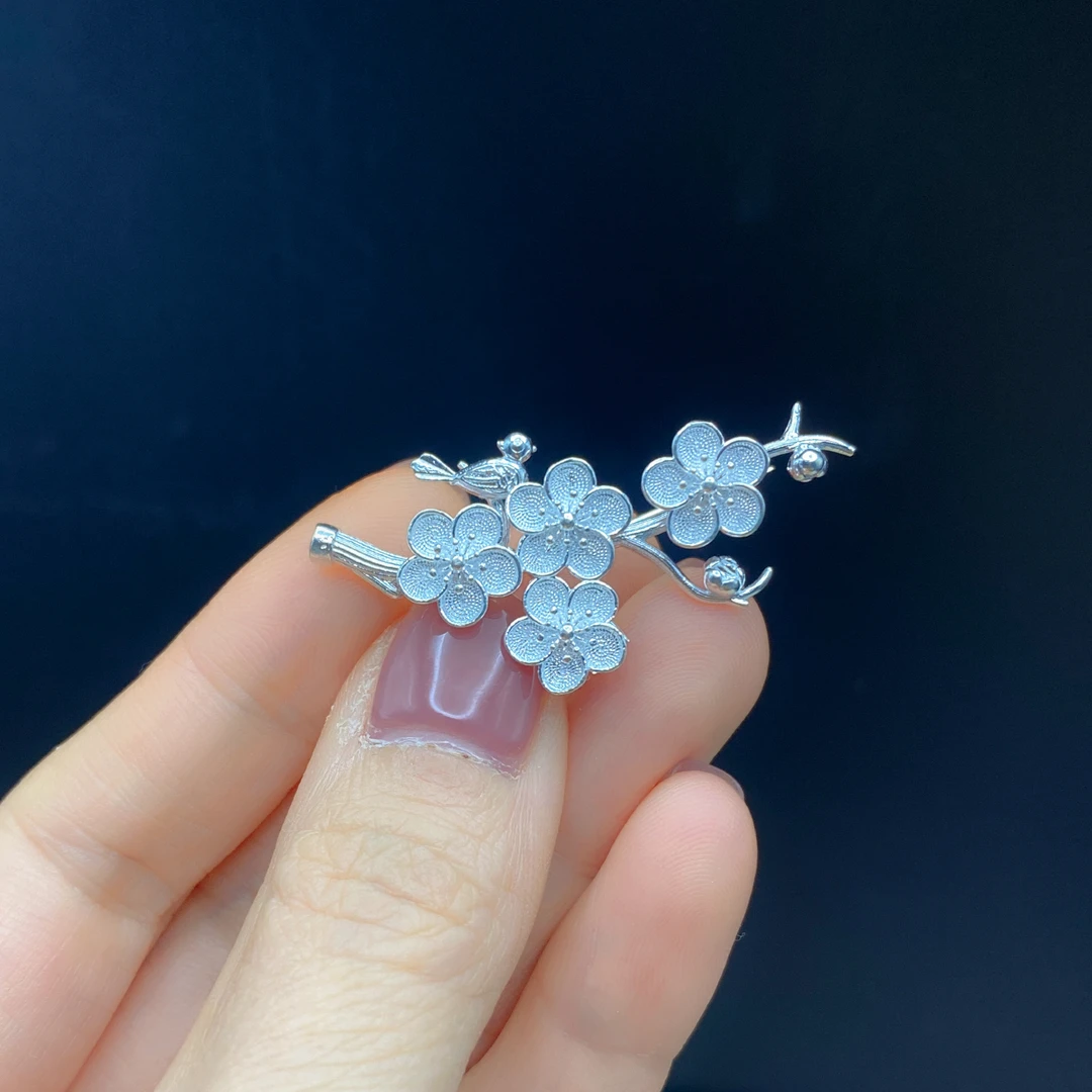 足银胸针 足银花丝喜上眉梢胸针--小板手工手工精致