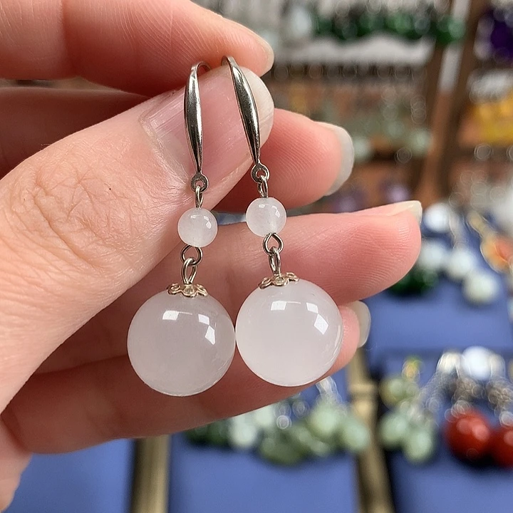 石英质玉（金丝玉）银S925镶嵌耳环12左右