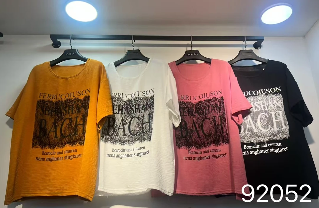 92052冰麻面料蕾丝字母圆领短袖