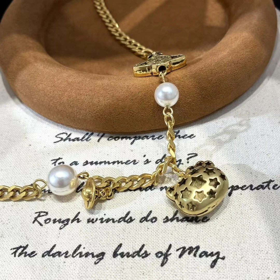 铜合金仿珍珠项链 远远（YY260）【镀真金 高版本】复古小猫40+7cm