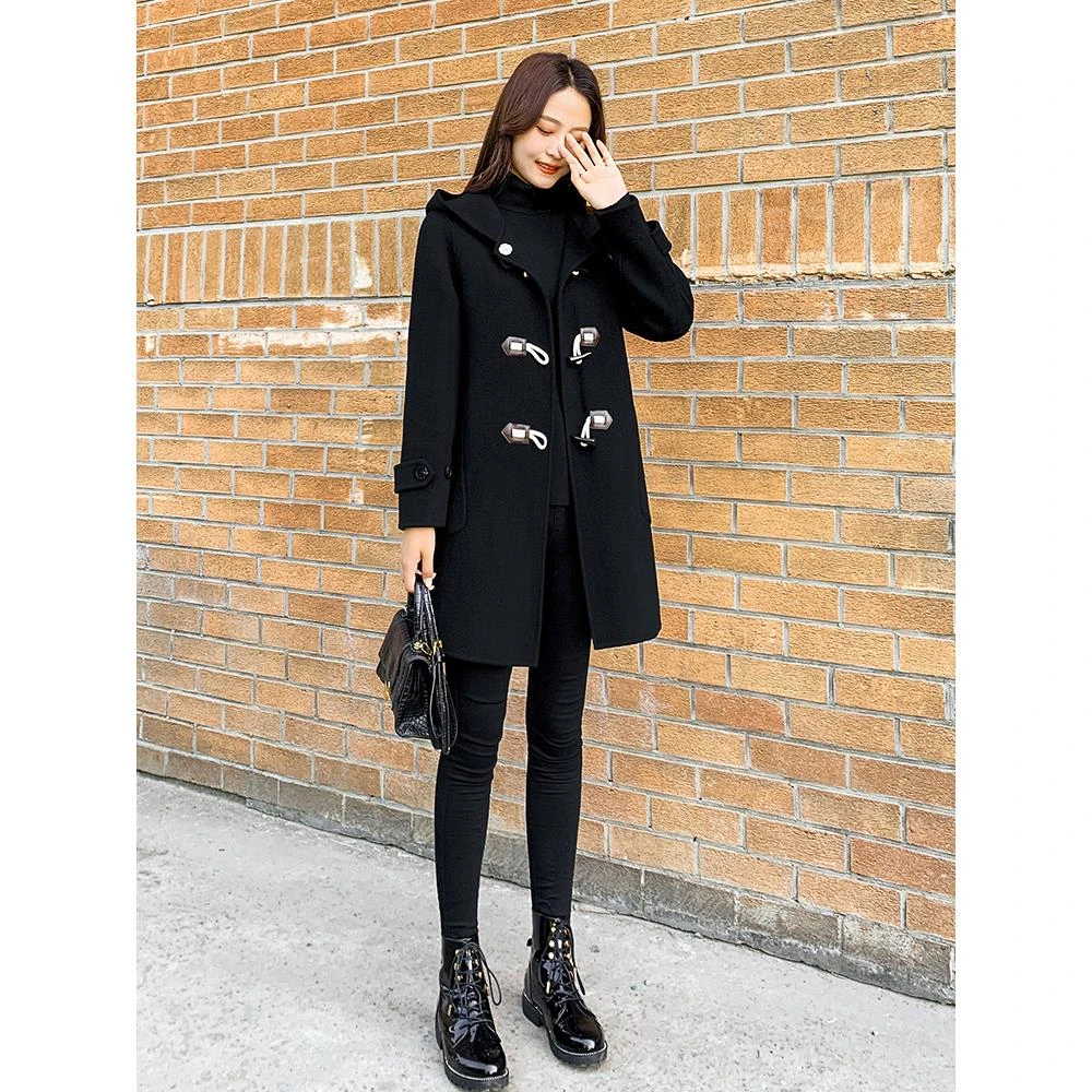 高质黑色双面羊毛大衣女装新款秋冬连帽牛角扣显瘦毛呢子大衣外套