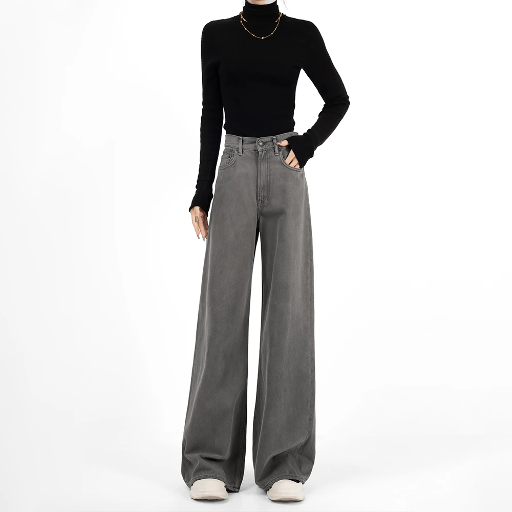 2024新款高级显瘦高腰复古女款裤子上档次宽松直筒微喇气质牛仔裤