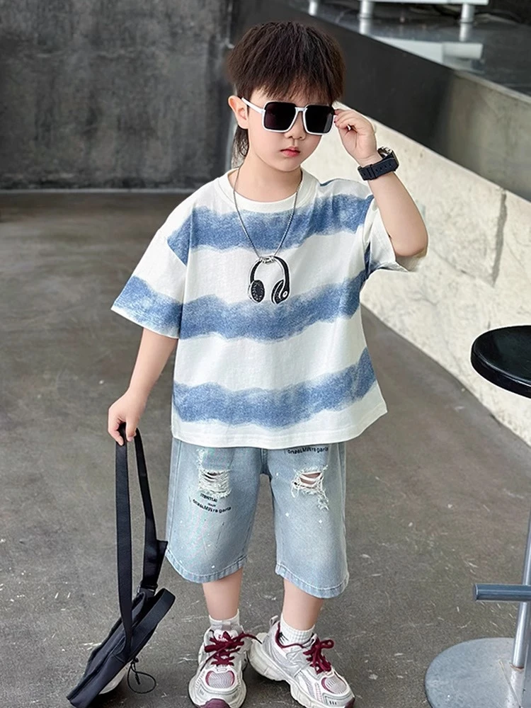 男童夏季2025新款酷帅儿童短袖炸街宝宝休闲装男孩痞帅衣服夏装