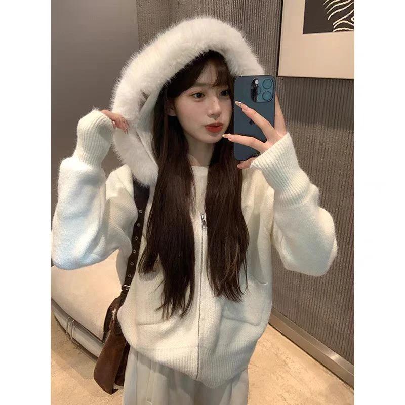 美拉德毛领连帽毛衣外套女2025秋冬新款时尚洋气显瘦针织开衫上衣
