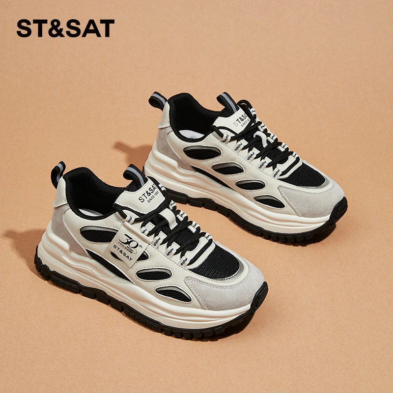 星期六拼色运动鞋女秋冬新款网面休闲女鞋复古百搭厚底増高老爹鞋