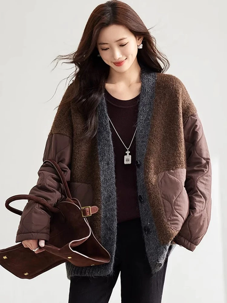 拼接长袖女秋冬短外套韩版时尚大码女装加绒羊羔绒宽松上衣
