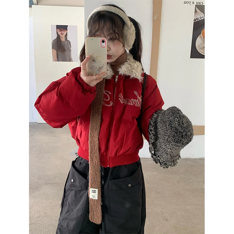 美式复古羊羔绒翻领棉服外套女2025秋冬新款宽松红色加厚短款棉袄