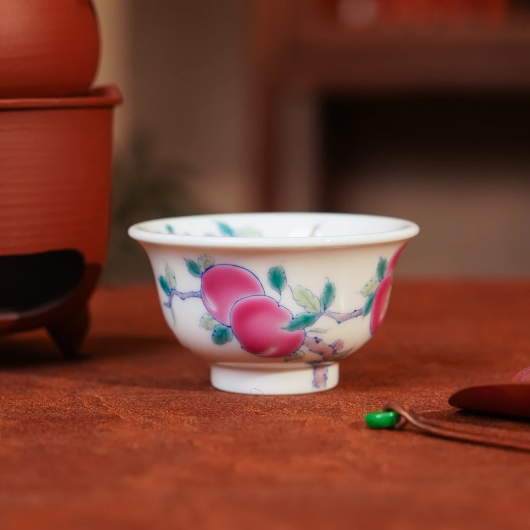 独妙芳华   斗彩桃子压手杯   茶具茶杯纯手绘陶瓷 银