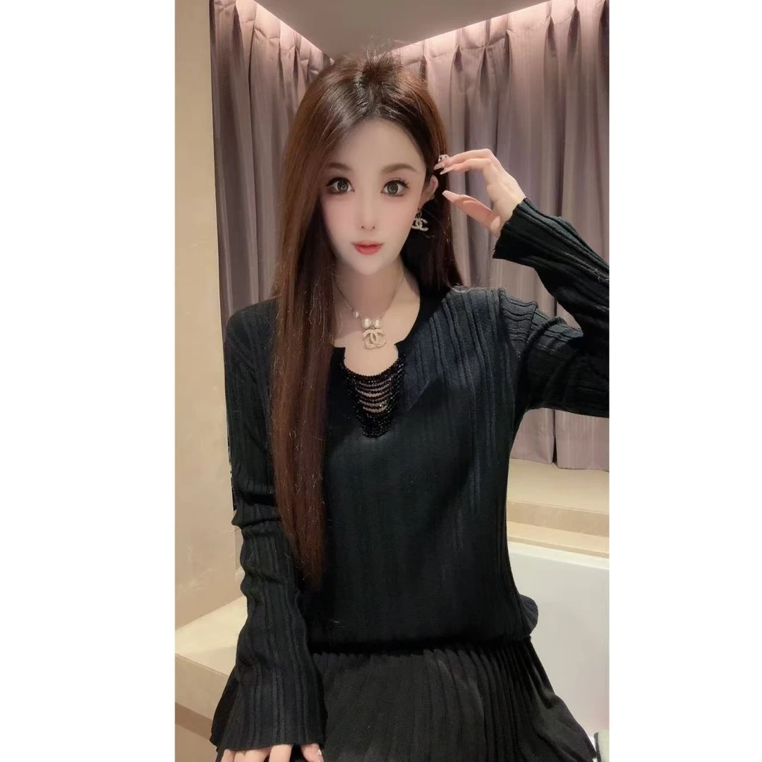 JY&JY橙子大大【温柔】重工钉珠竖条气质针织T恤上衣 16459