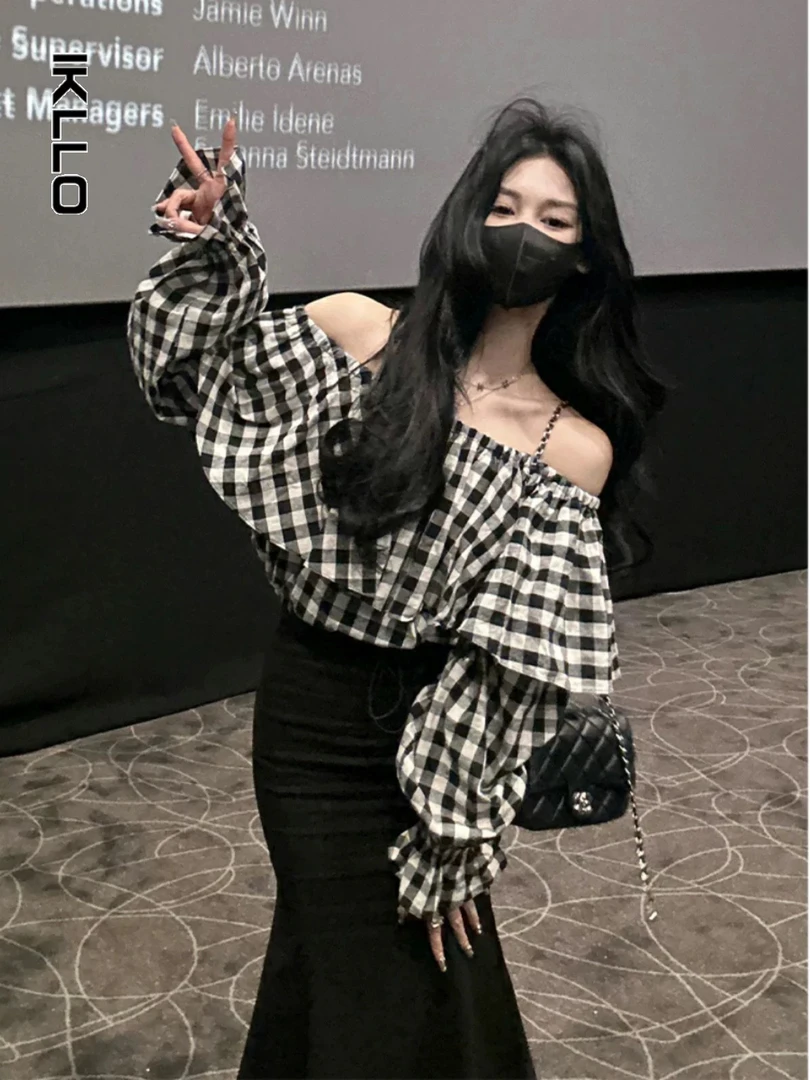 高级感超好看一字肩格子荷叶边衬衫上衣➕半身裙