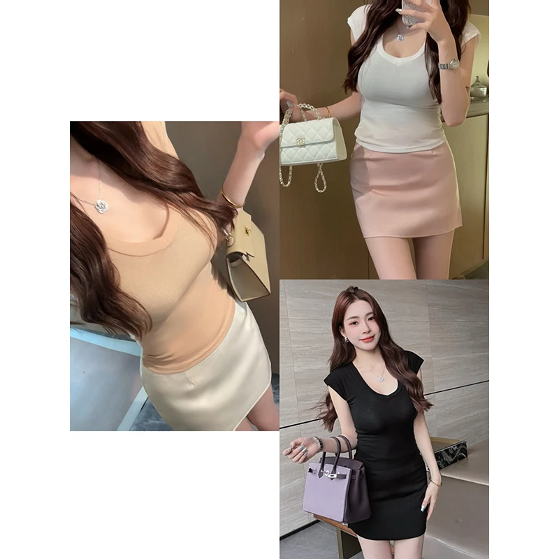 韩系气质小众设计感绝美V领修身显瘦正肩短袖t恤2025新款修身上衣