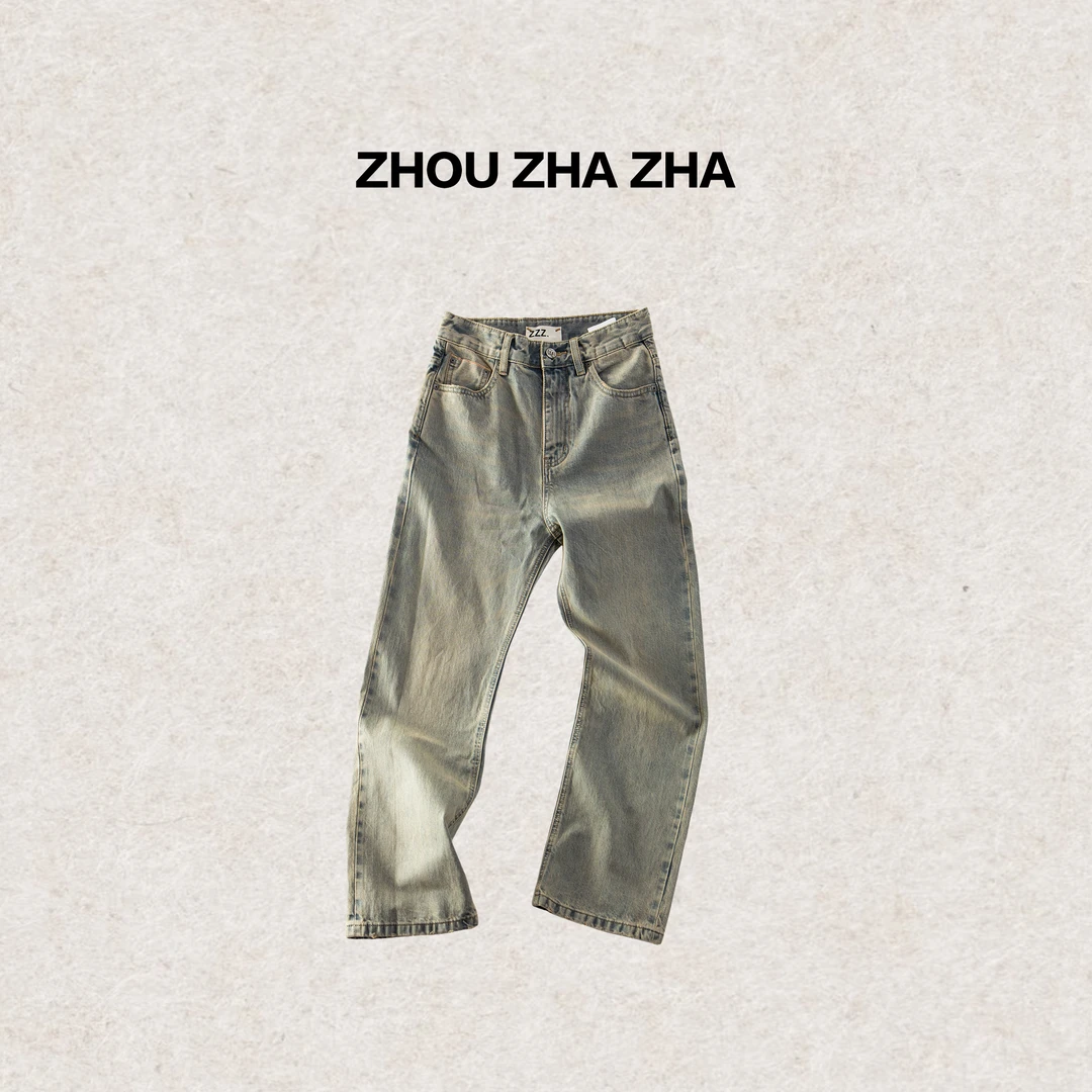 【周炸炸】美式春夏百搭长裤做旧水洗直筒休闲时尚牛仔裤#256096