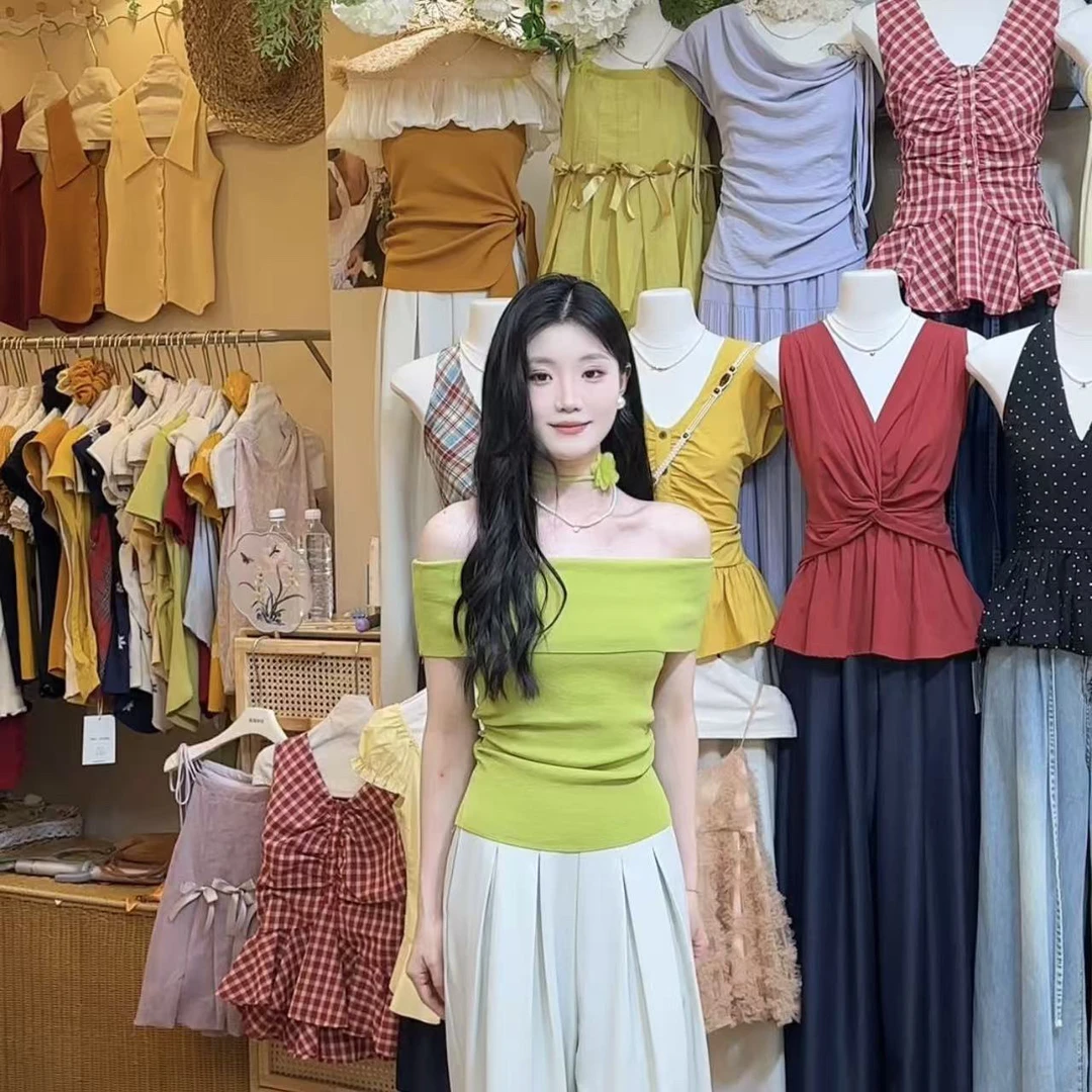 一字领短袖一字肩套头款毛针织衫方领小众欧若精灵风