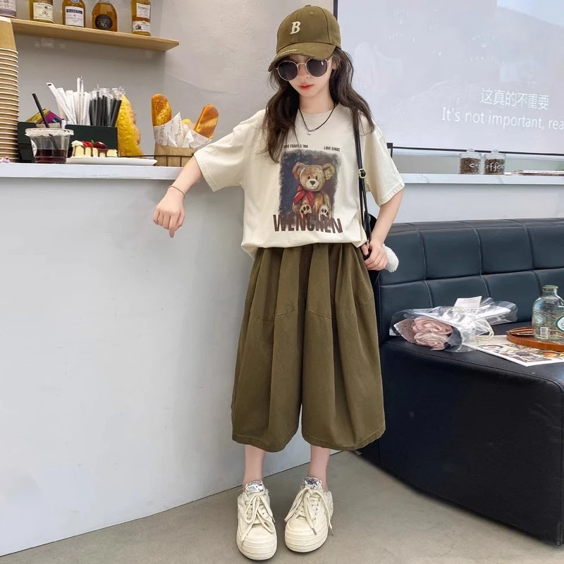 女童短袖套装夏款2025新款儿童韩系潮酷穿搭中大童夏装裙裤两件套