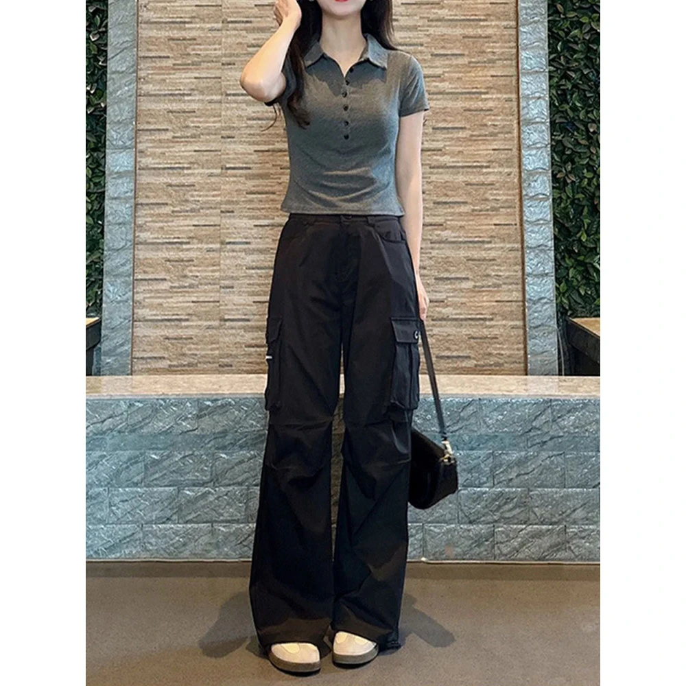 2025新款夏新款洋气衣服女修身显瘦短袖T恤上衣高腰工装裤两件套