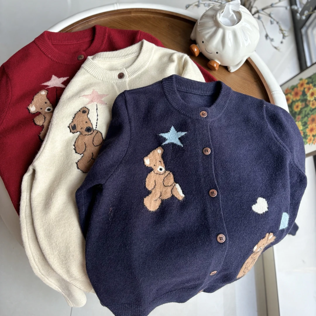 甜心轰炸机 美式复古小熊灰色毛衣少女秋冬宽松休闲开衫外套