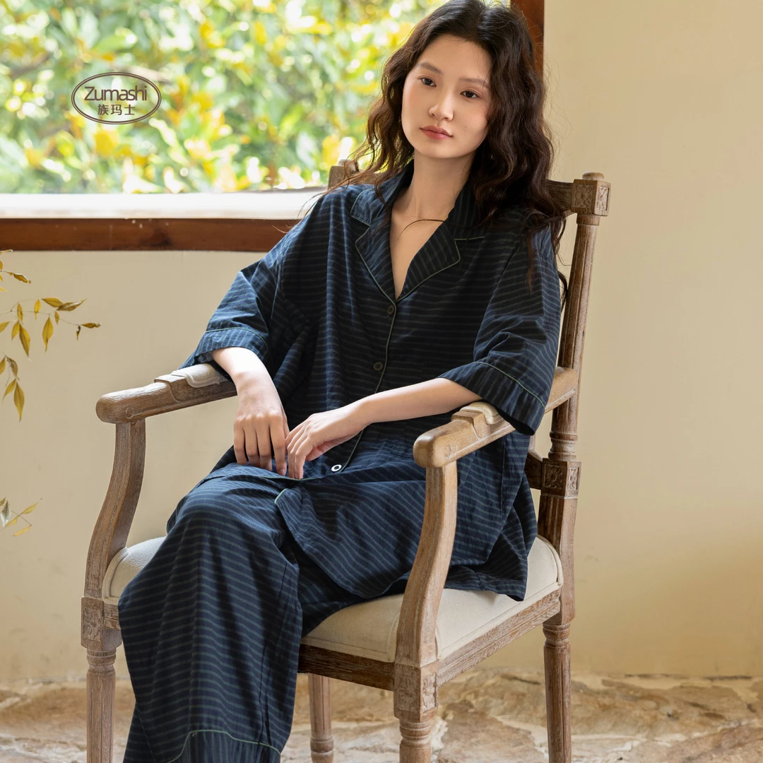 族玛士睡衣纯棉全棉女款2025新款夏季夏天中袖长裤大码条纹家居服