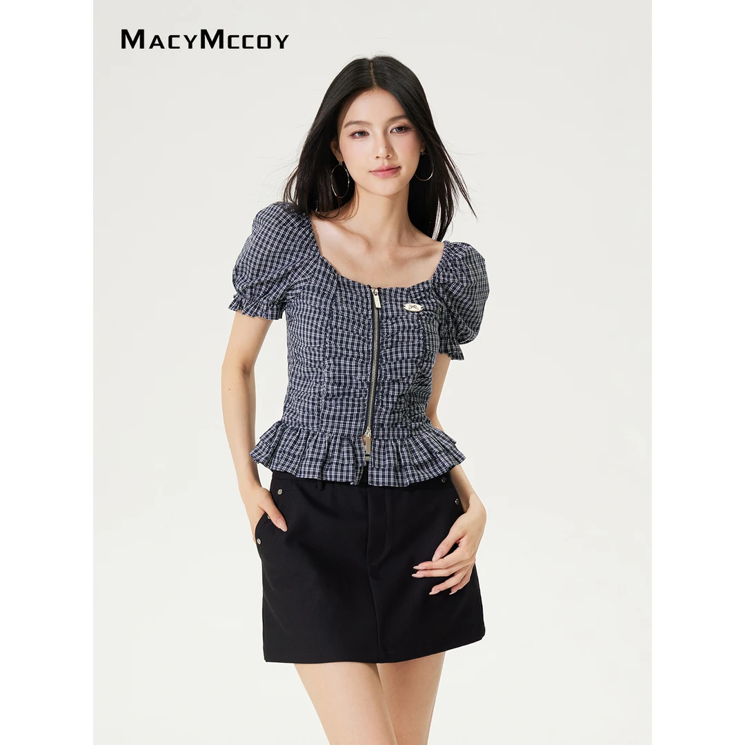 【毛毛专属】MacyMccoy泡泡袖格子上衣女方领一字领设计感甜美小衫