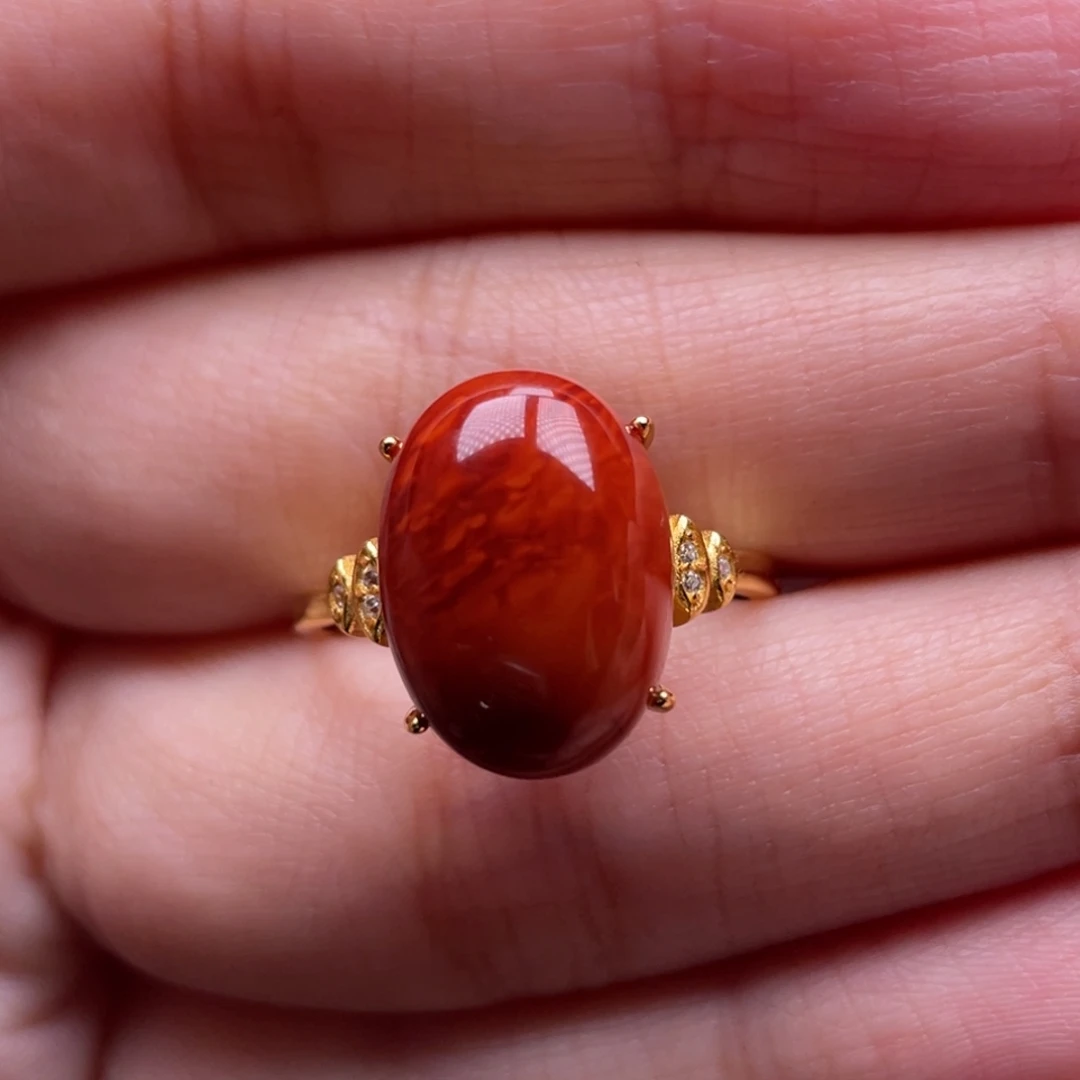 南红玛瑙银S925镶嵌珠宝奇石女戒