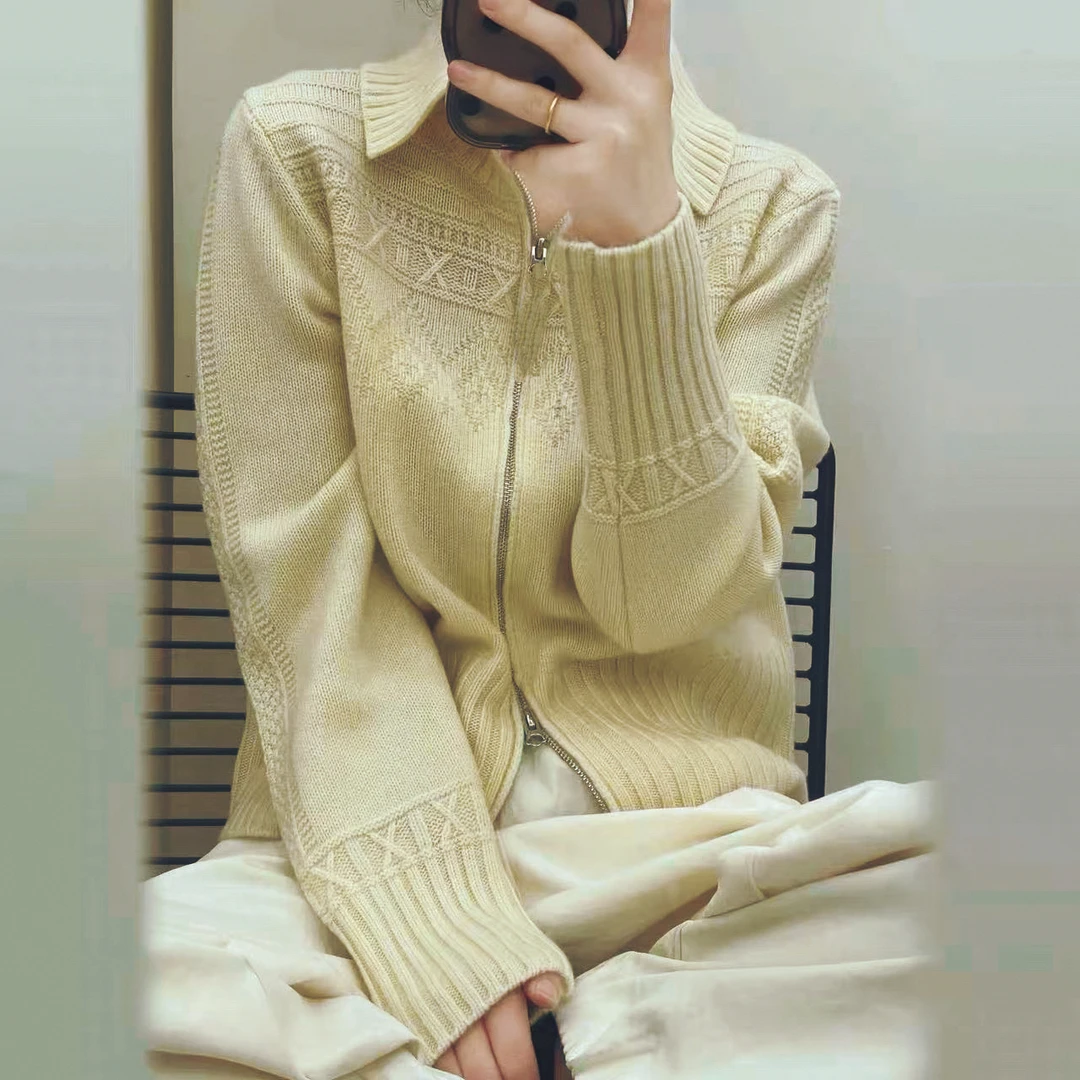 绒典翻领拉链针织开衫外套女秋冬绞花针织衫厚毛衣7628