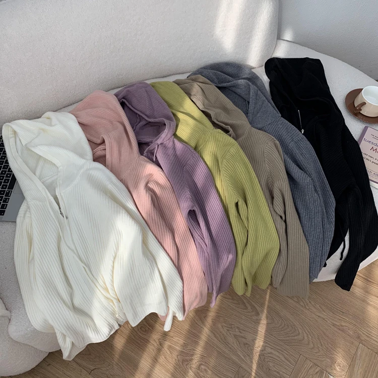 韩版抽绳连帽打底针织衫女秋冬新款百搭长袖上衣HJ127