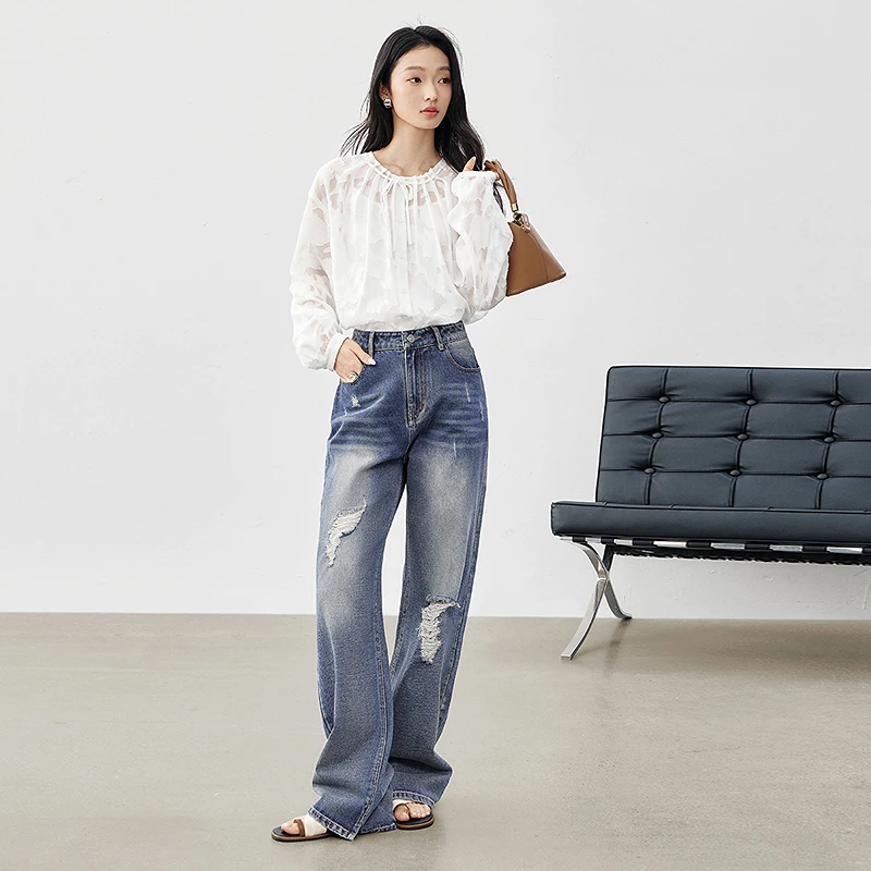 D01对白法式剪影花系带雪纺衬衫长袖上衣FDH004