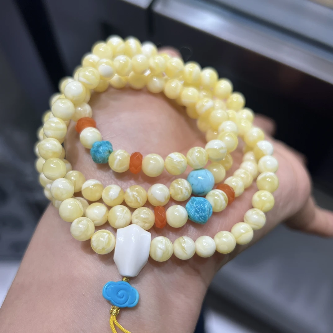 天然蜜蜡俄料浓白妖花108佛珠设计款6㎜➕
