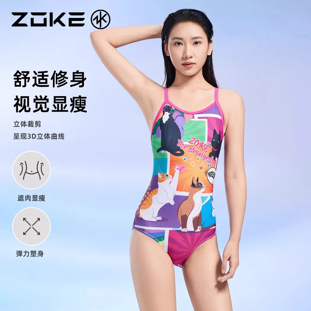 洲克zoke连体三角专业低胯泳池训练游泳衣细肩带泳衣女桔猫咪派对