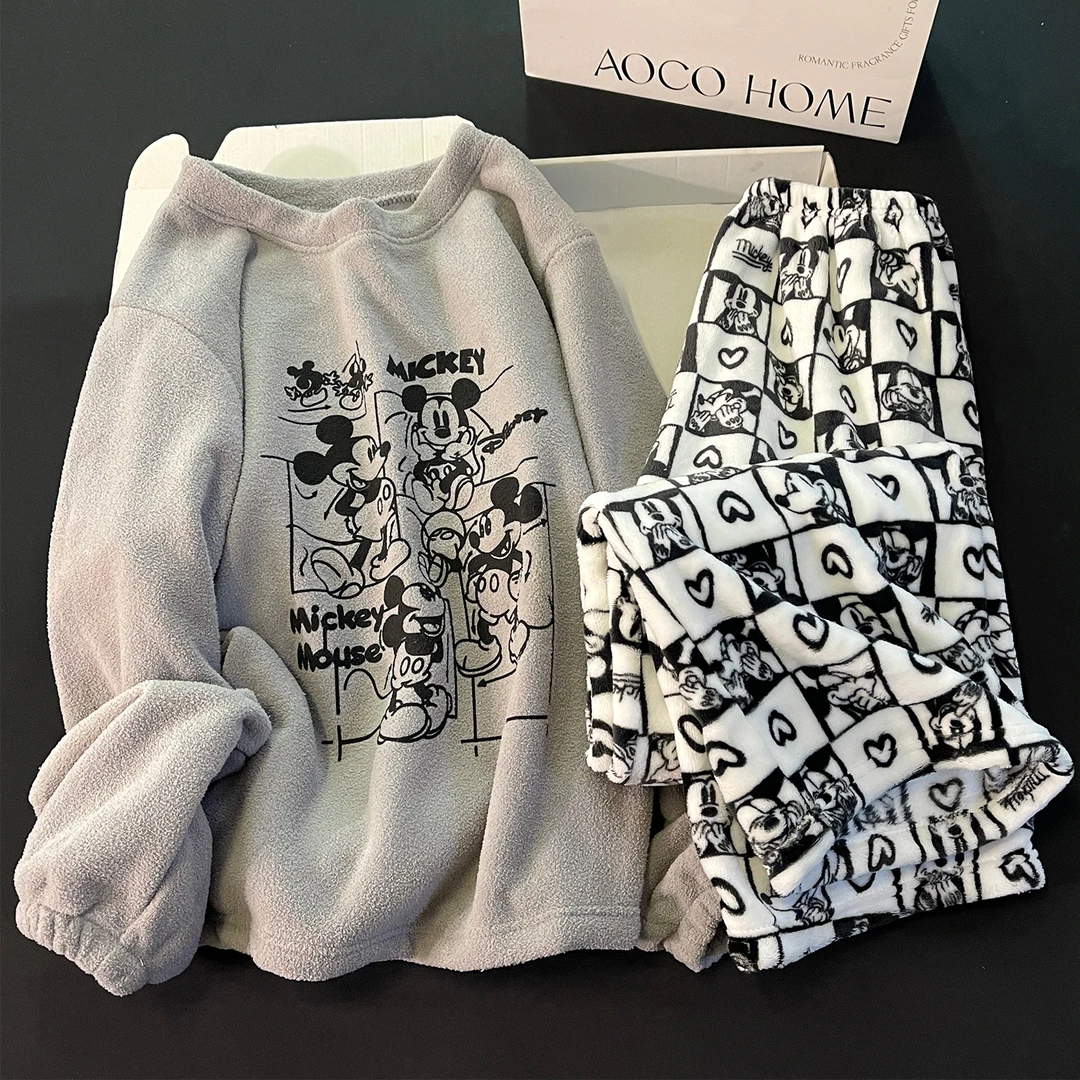 米粒绒睡衣女冬季新款灰色可爱米奇日系加厚保暖珊瑚绒家居服套装
