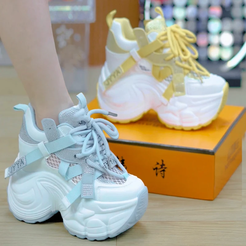10cm水钻透气厚底老爹鞋女2025夏季系带百搭增高休闲鞋