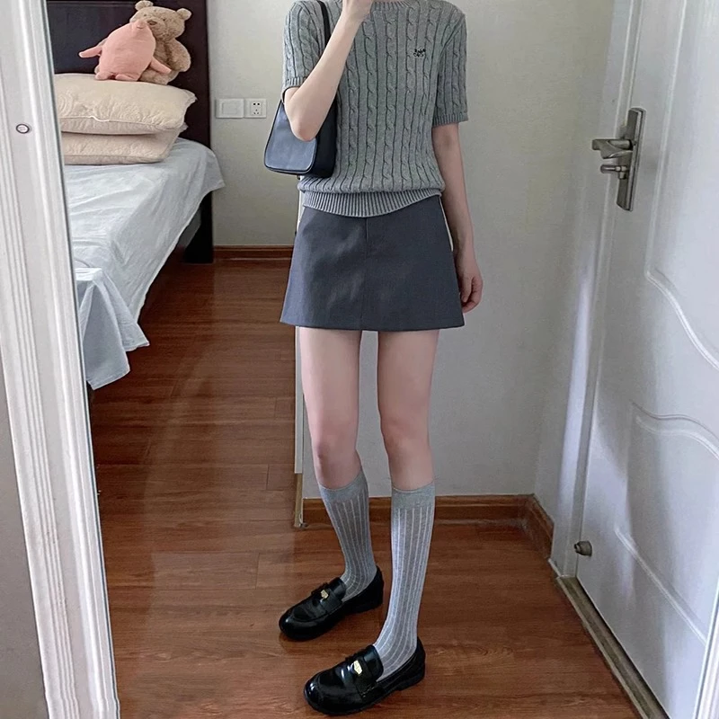 灰色高腰a字西装短裙夏季2025新款韩版显瘦百搭学院风百搭半身裙