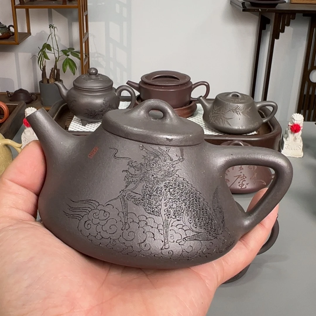茶壶紫砂天青刻绘子冶