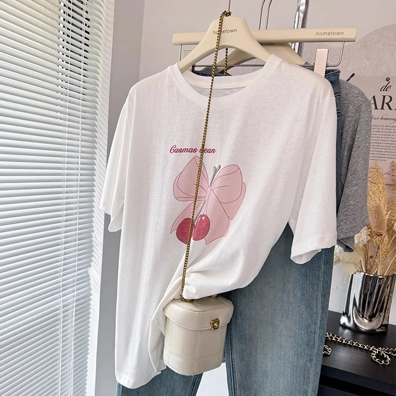 大码胖mm白色雪花棉短袖T恤女凉爽薄款宽松显瘦减龄体恤上衣2