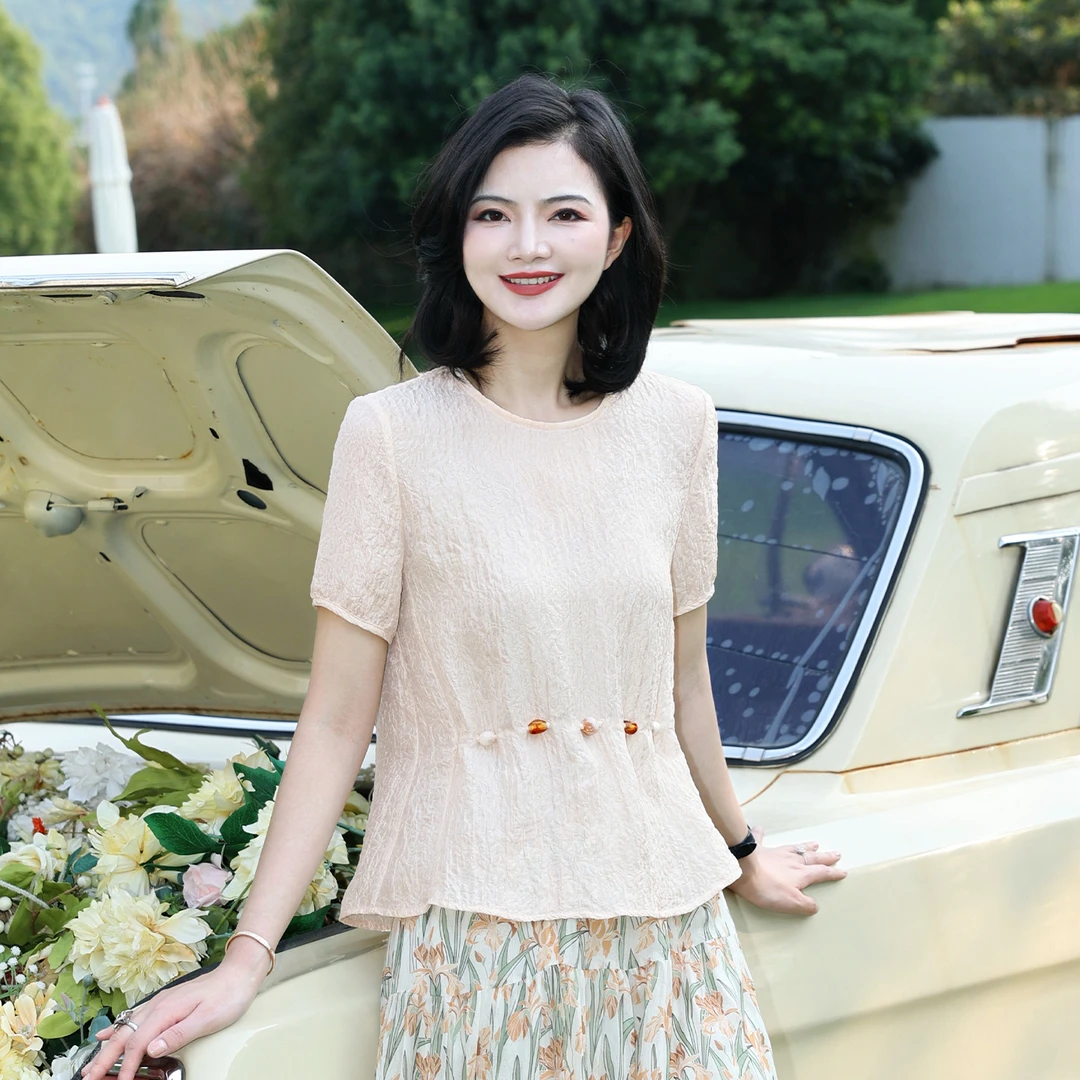 阿楠anan 海盐微风 法式肌理感圆领串珠短袖衬衣女夏季气质薄衬衫