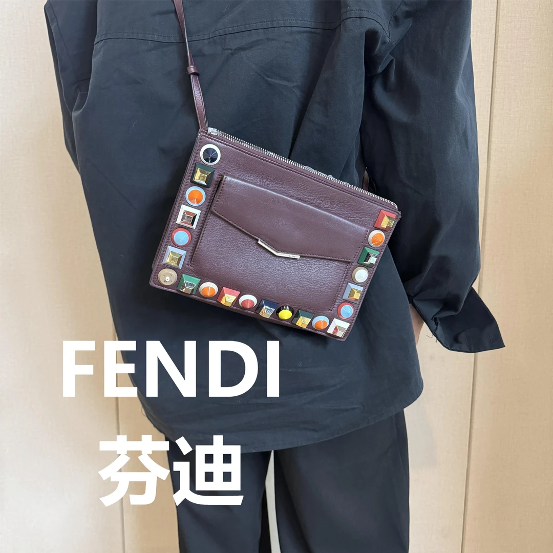 95新 FENDI/芬迪 棕色铆钉单肩公文包/甜甜精选/50642】