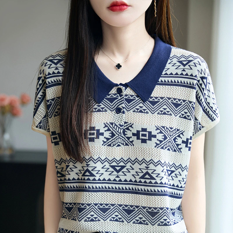 巨好看！翻领复古提花针织短袖女夏季新款韩系百搭设计感时尚打底