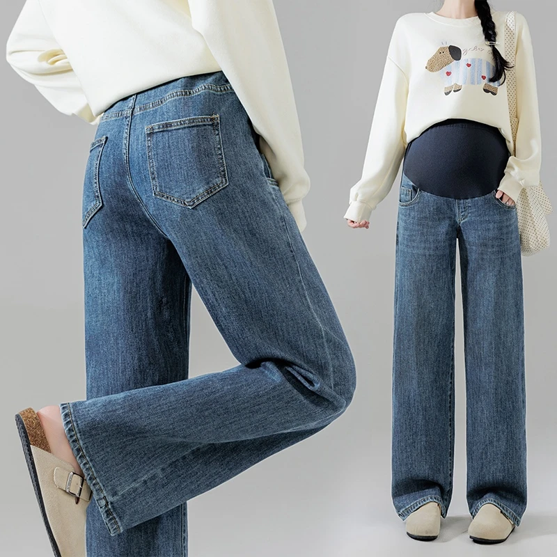 孕妇双芯纱托腹牛仔裤高品质弹力阔腿裤包边外穿休闲牛仔裤