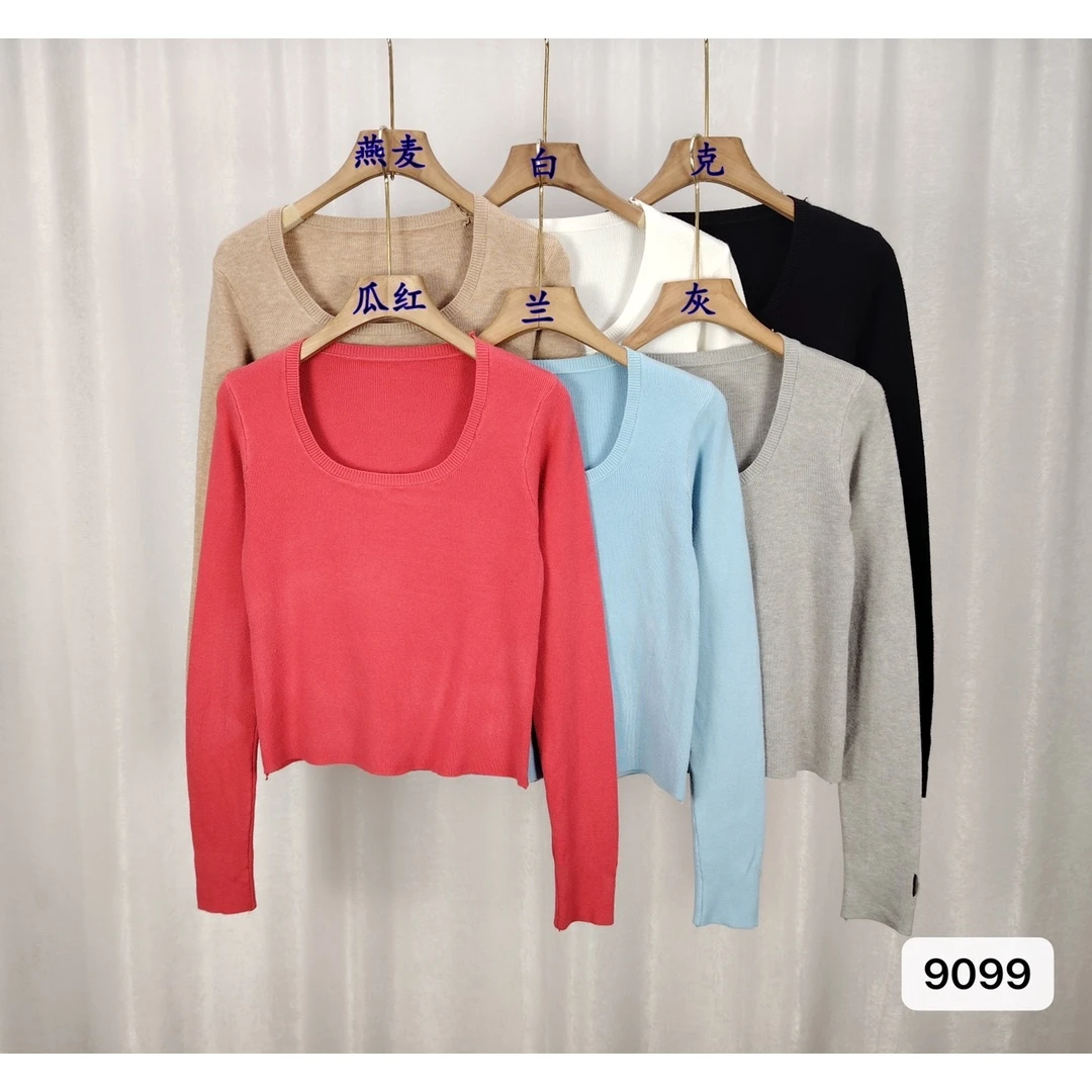 9099气质优雅纯色方领螺纹长袖毛衣打底