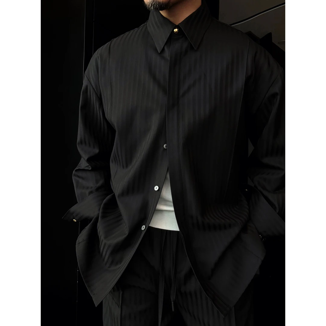 DRUNKCORNER 黑色暗条纹衬衫领金扣外套微阔时尚休闲