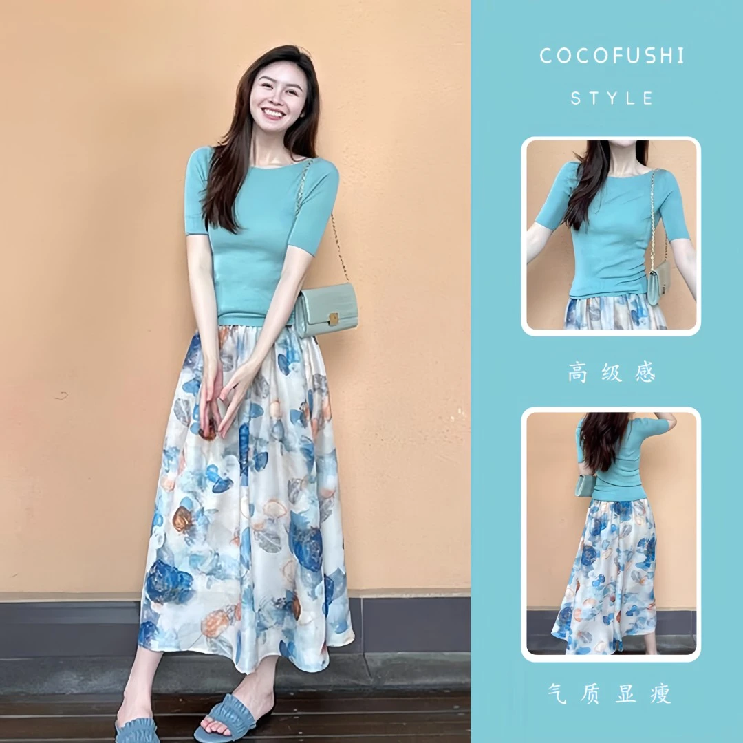 夏季套装女2025年新款时尚休闲气质短袖T恤搭配印花半身裙两件套