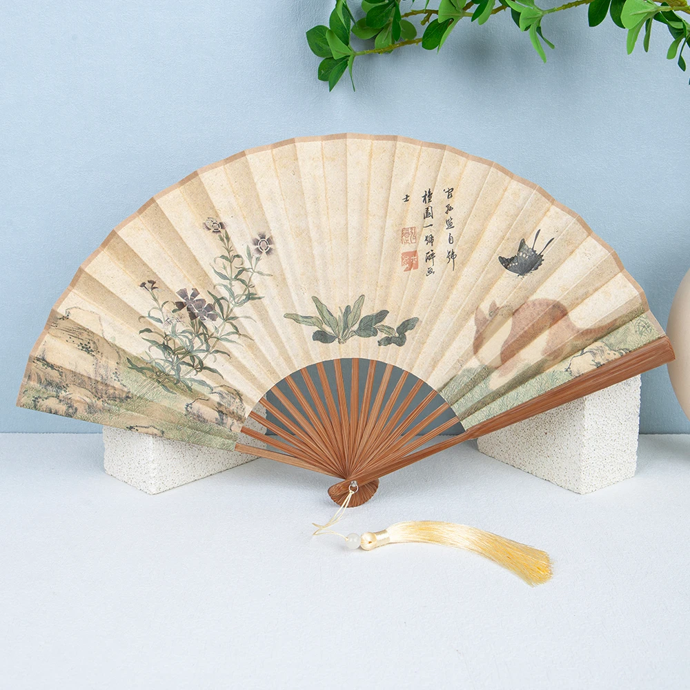 8寸复古风扇子折扇双面中国风男女汉服旗袍猫咪蝴蝶夏季日用竹扇